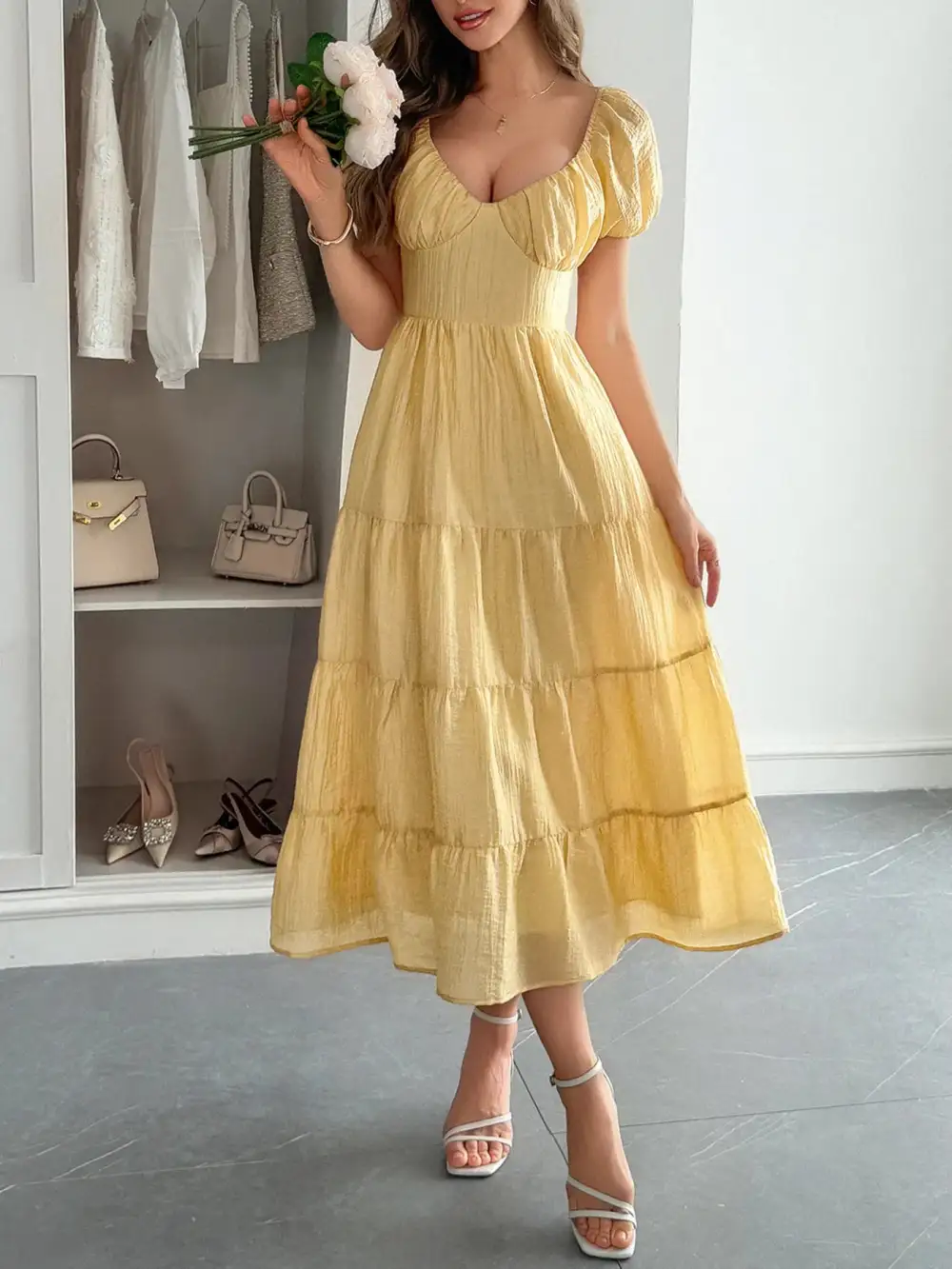 V Neck Short Sleeve Midi Dress