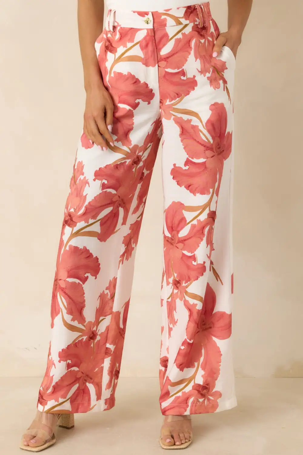Peach Hibiscus Wide Leg Pants