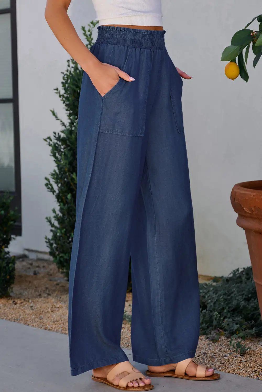 Weekend Side Pockets Frilled Smocked High Waist Wide Leg Jeans