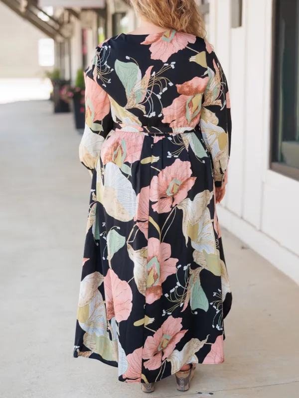 Large Floral Pattern Printed Loose Fitting Dress