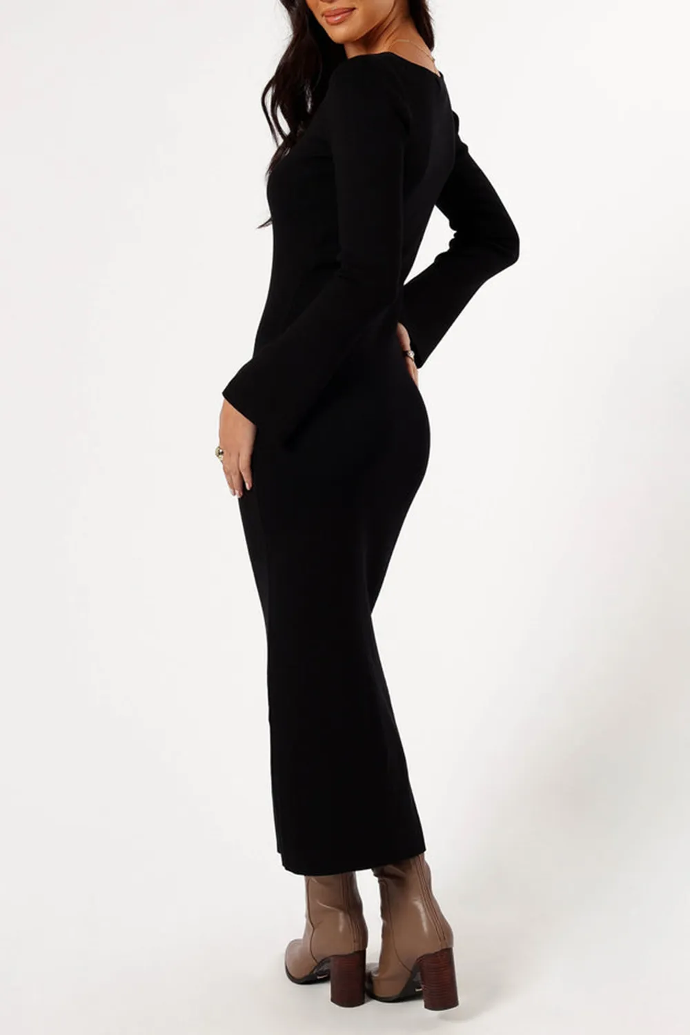 LINA LONG SLEEVE MIDI DRESS - BLACK