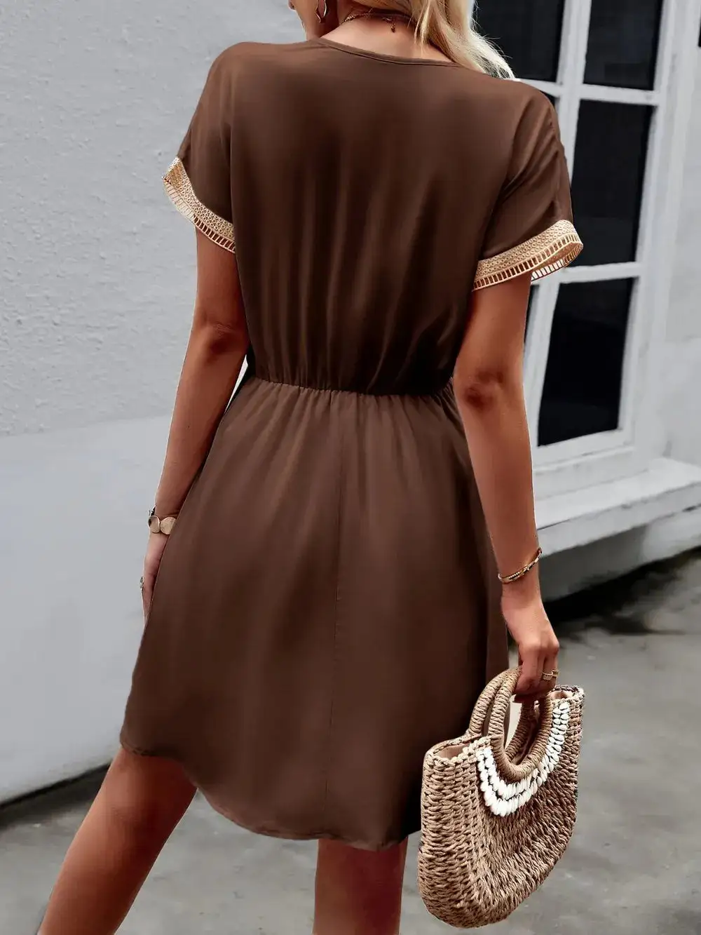 Contrast Trim V Neck Short Sleeve Mini Dress