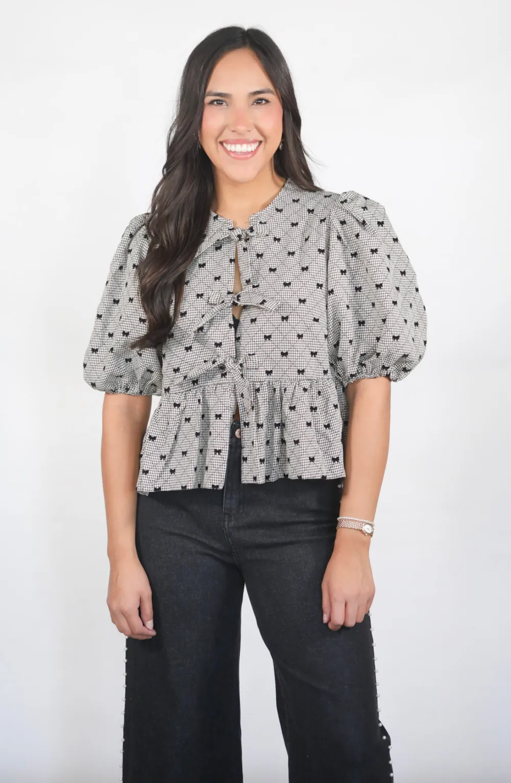 Stop And Stare Bow Patterned Tie Blouse