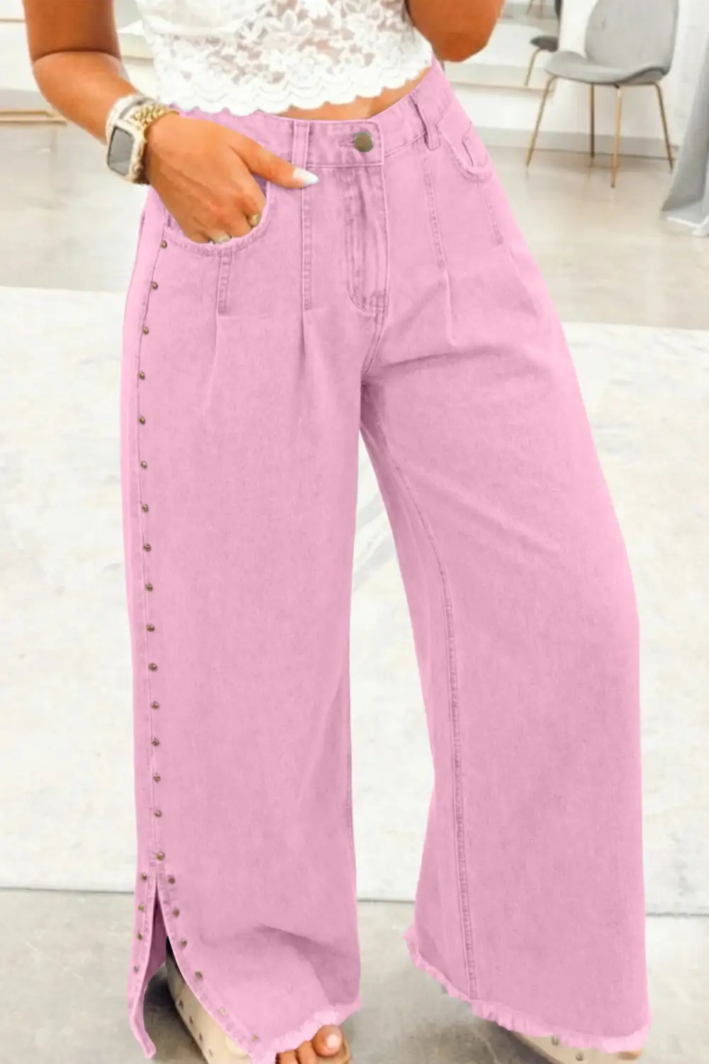 Beaded Side Detail Split Loose Jeans
