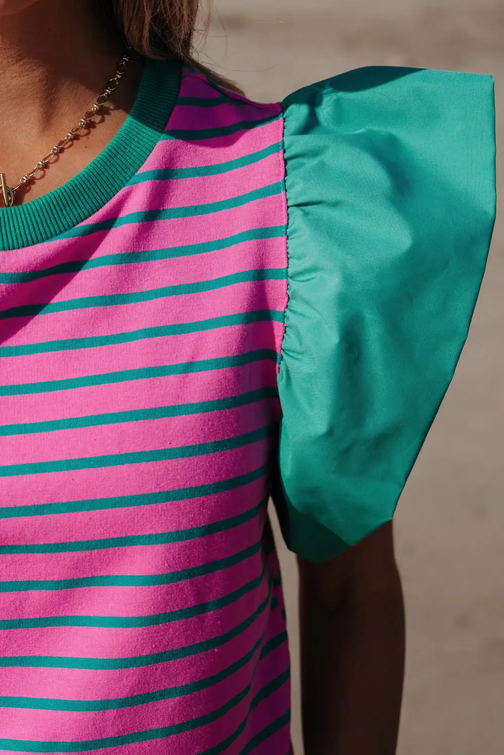 Everyday Striped Ruffled Crew Neck Blouse