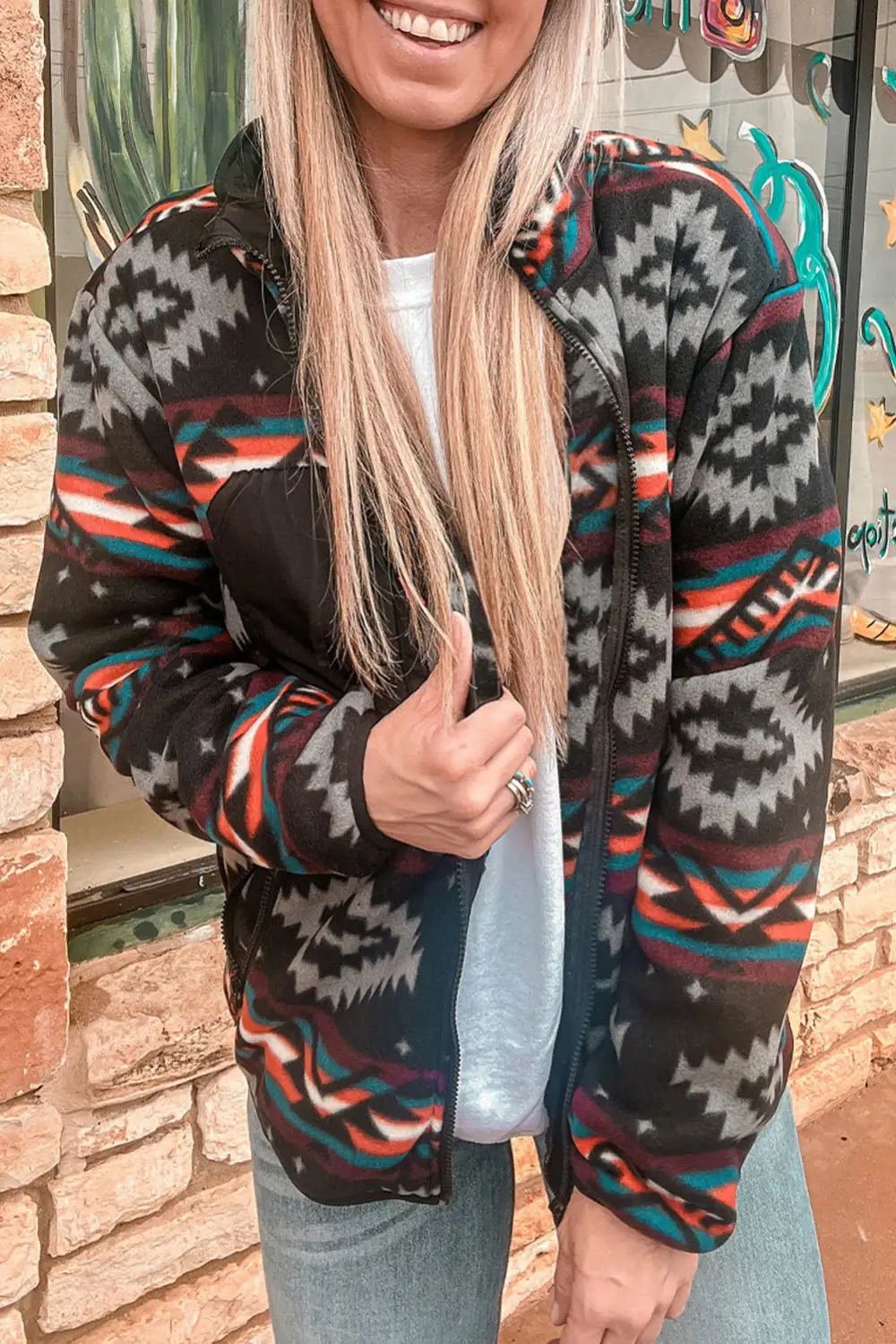 Geometric Pattern Zip Front Collared Jacket