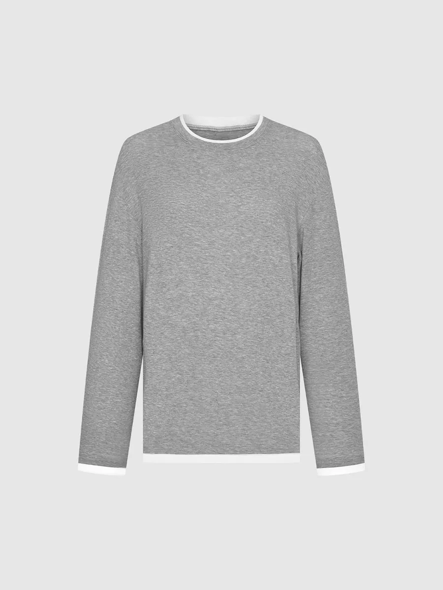 Lady's Grey Round-Neck Loose Long-Sleeved T-Shirt