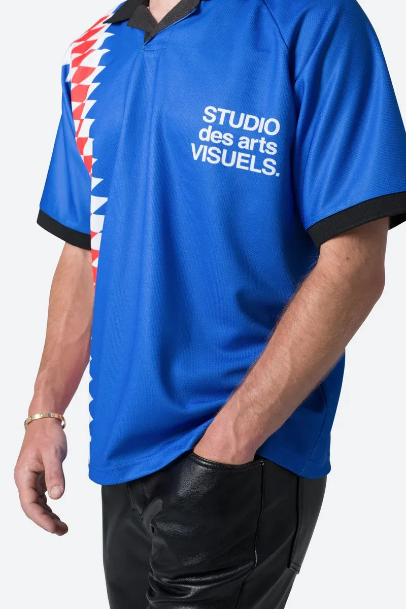 BLUE WITH RED AND WHITE PATTERN POLO SHIRT