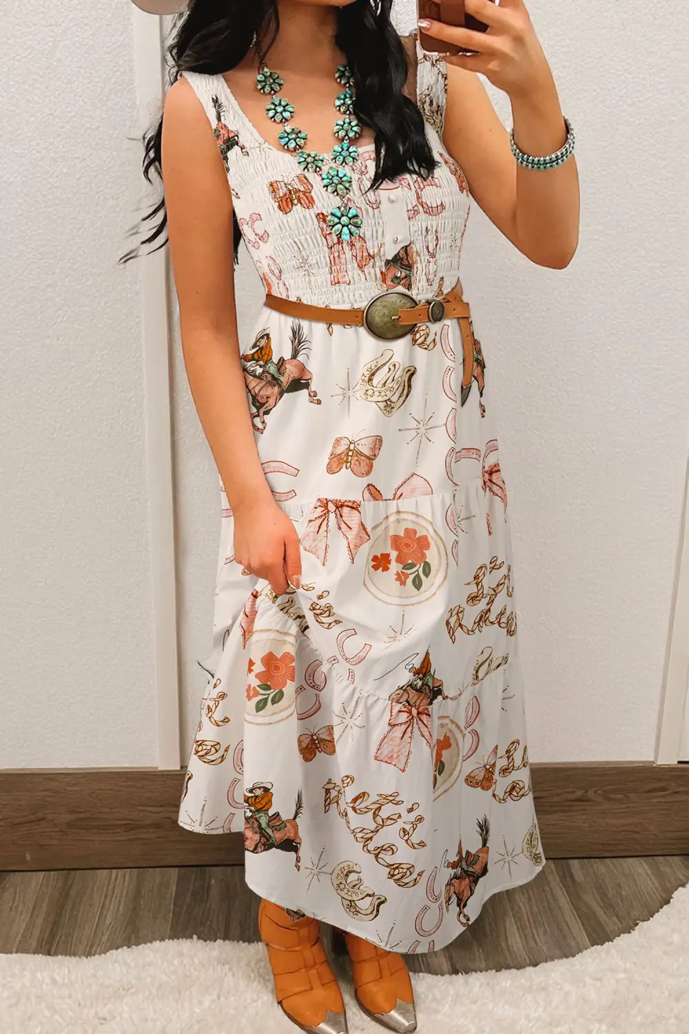 Horseshoe Print Sleeveless U Neck Midi Dress