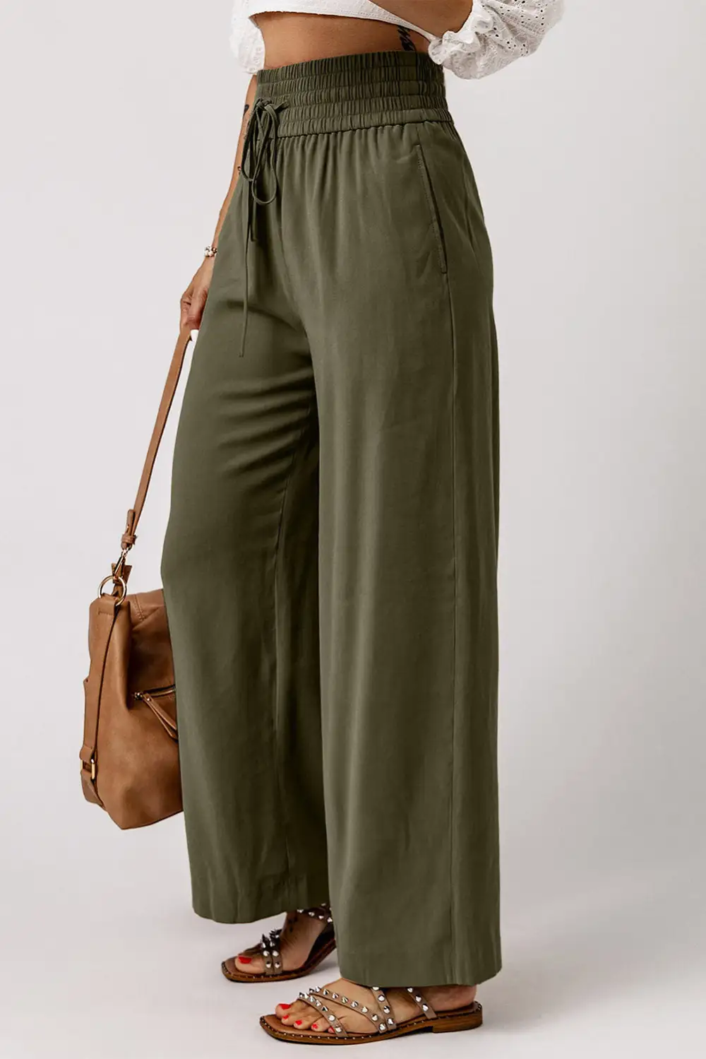 Drawstring Elastic Rise Wide Leg Pants