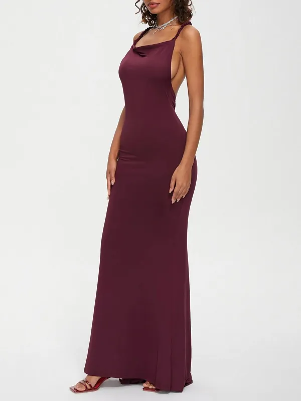 Backless Spaghetti Plain Sleeveless Maxi Dress