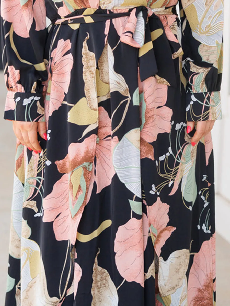 Large Floral Pattern Printed Loose Fitting Dress