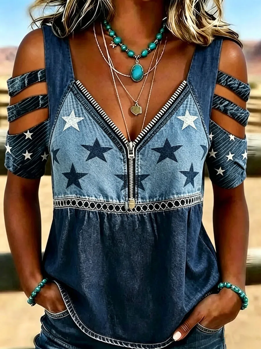 Female Casual Hollowed Out Patriotic T-Shirt