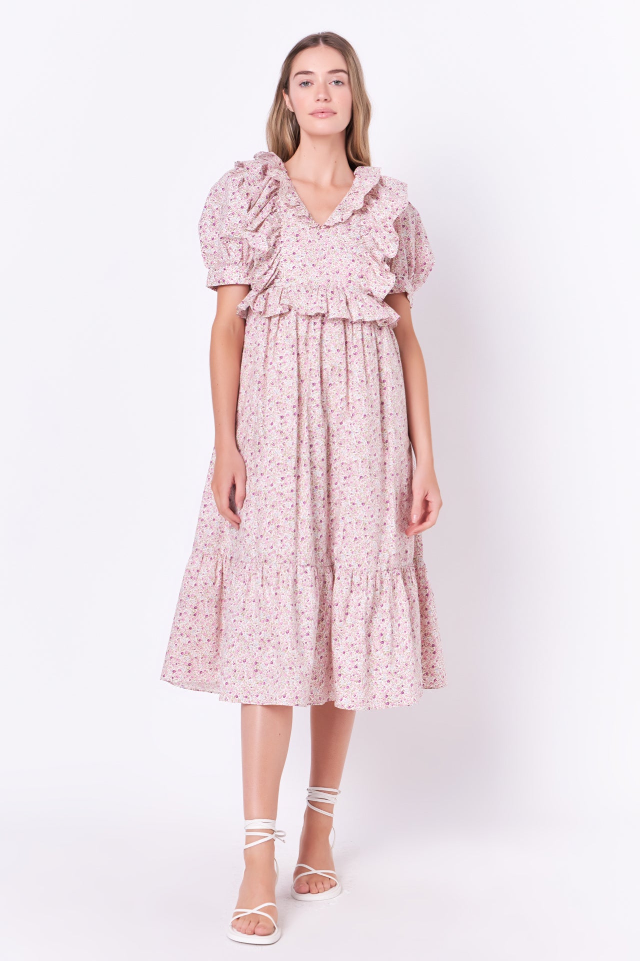 Cotton Floral Ruffled Midi Dress