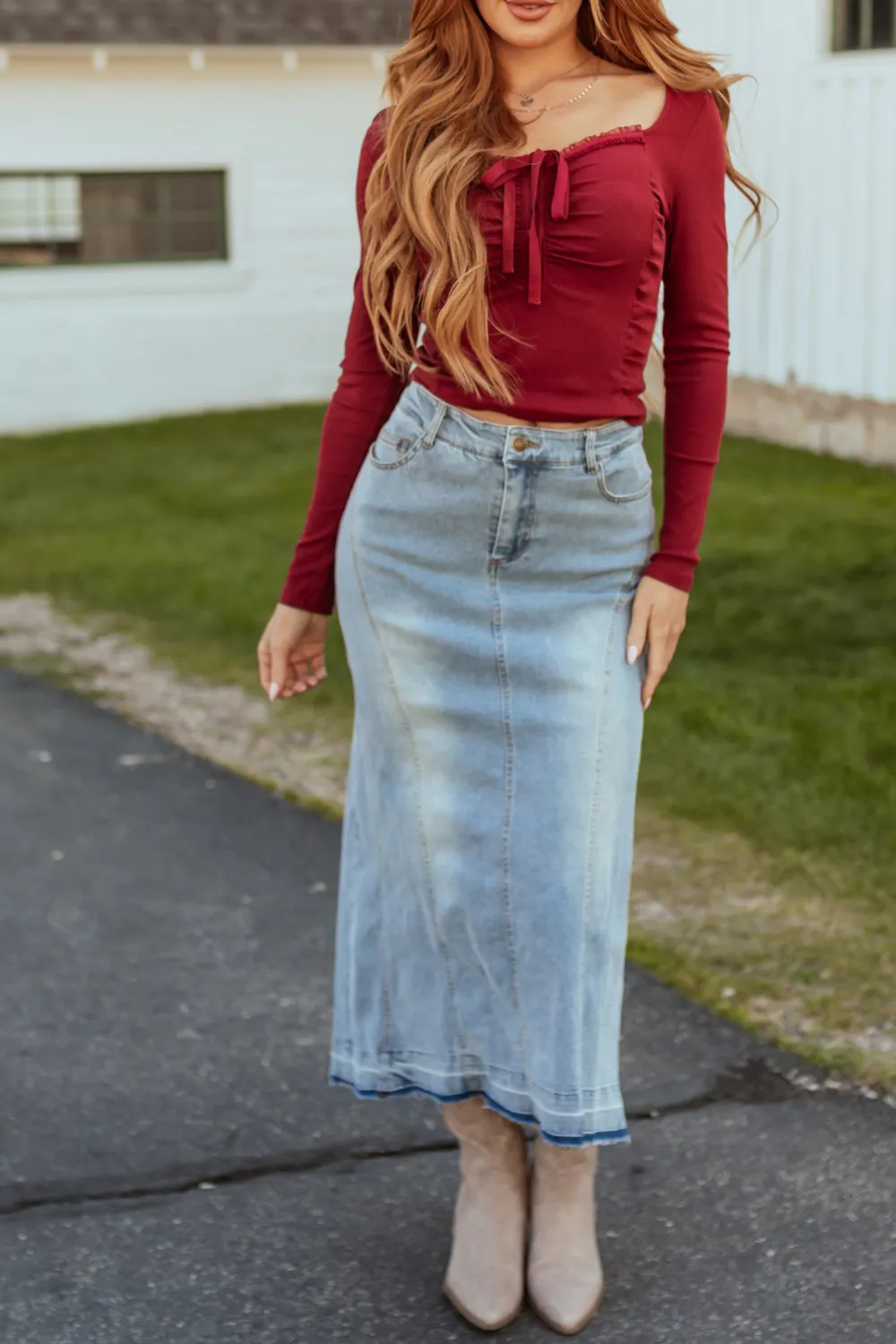 Medium Wash Denim High Low Maxi Skirt