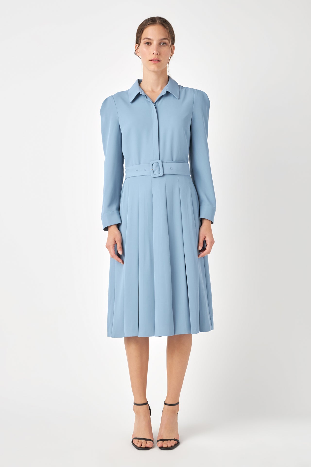 Pleated Collared Long Sleeve Midi Dress