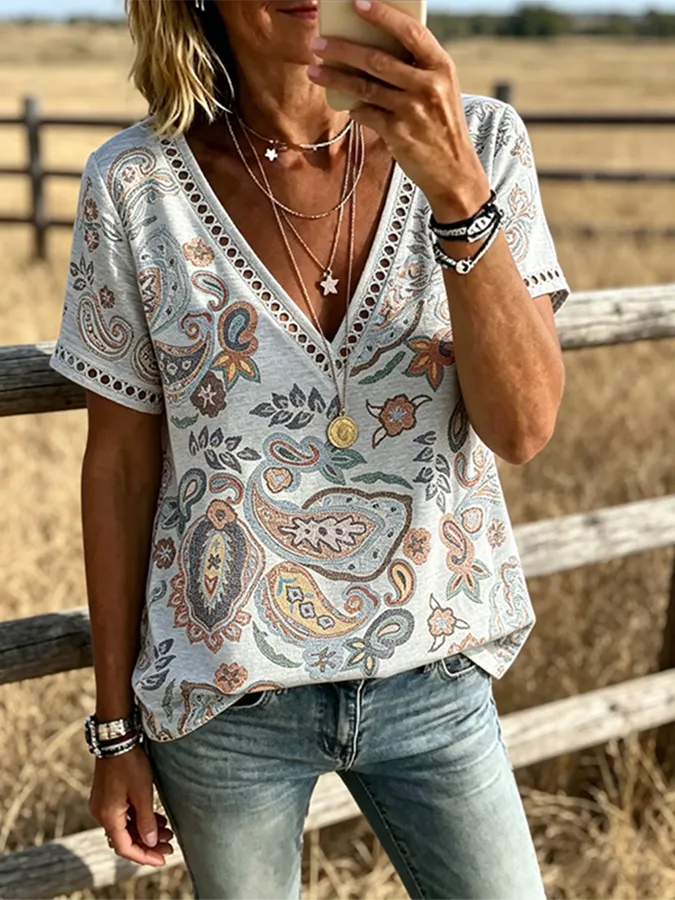 Women's Boho Paisley Print V Neck Trim Short Sleeve Western Blouse