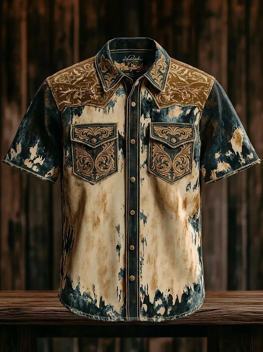 Men's Western Style Floral Embroidery Distressed Printed Shirt