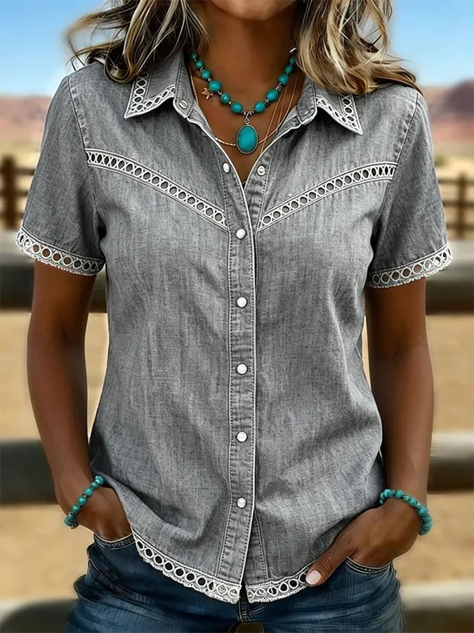 Women's Western Style Retro Solid Color Casual Hollow Denim Shirt