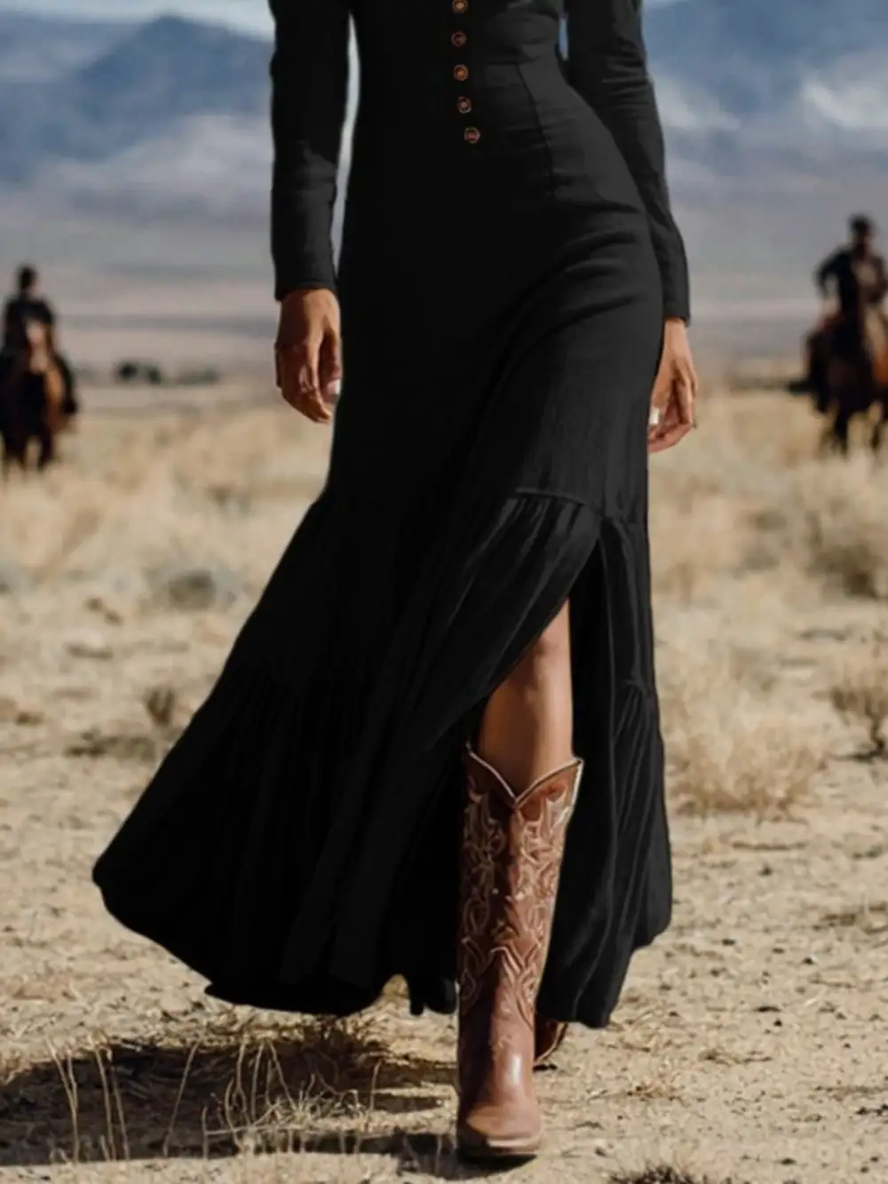 Tiered Slit Long Sleeve Maxi Dress