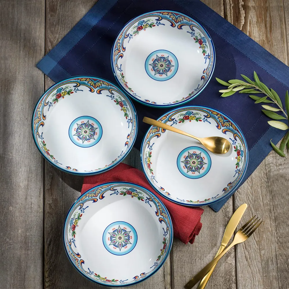 Euro Ceramica Zanzibar Double Bowl 16-Piece Dinnerware Set | Fine Kitchenware | Floral Multicolor Design Stoneware Tableware Service For 4