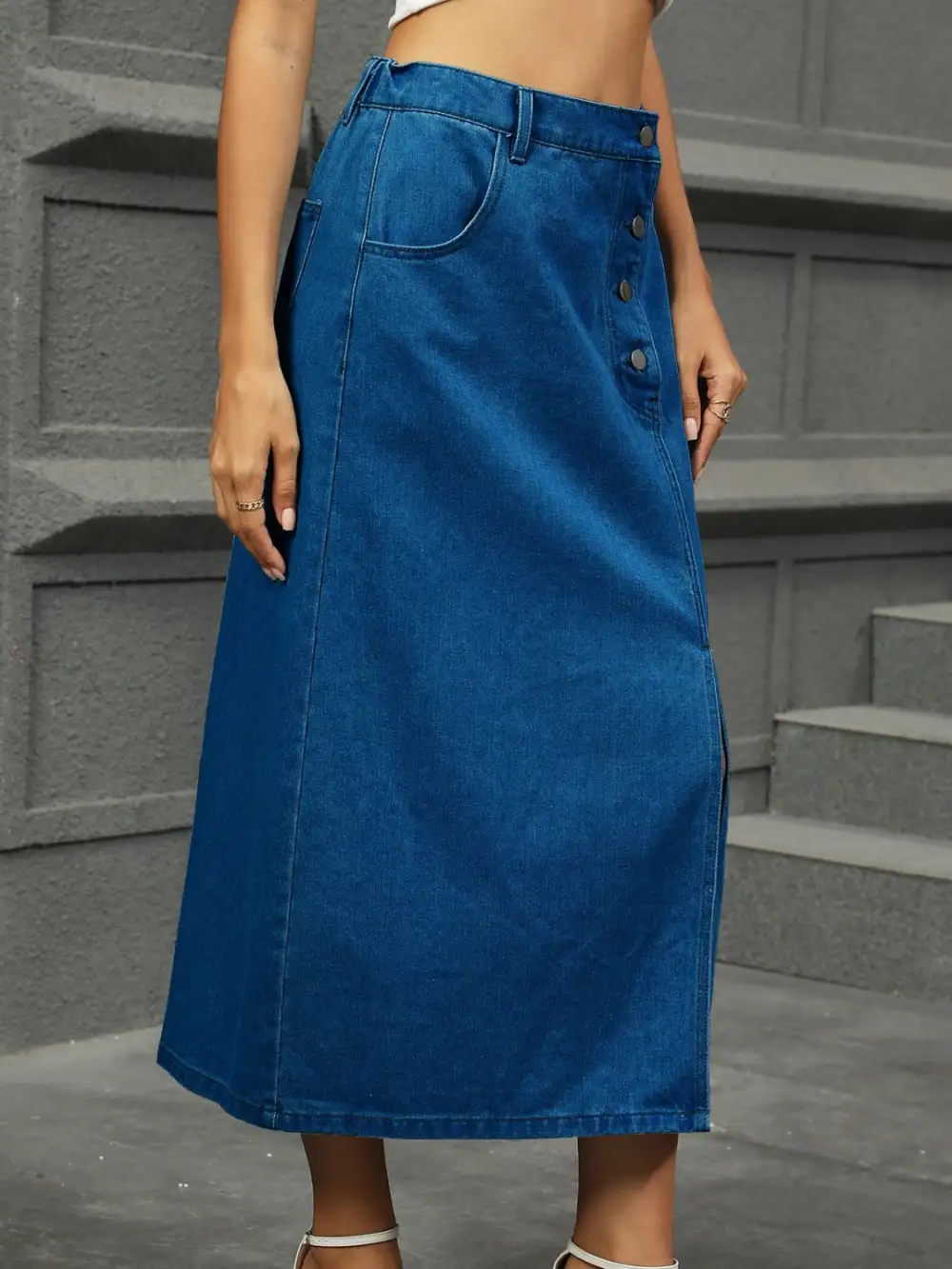 Slit Button Detail Denim Skirt