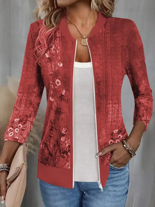 Long Sleeve Floral Zipper Regular Micro-Elasticity Loose Jacket For Women