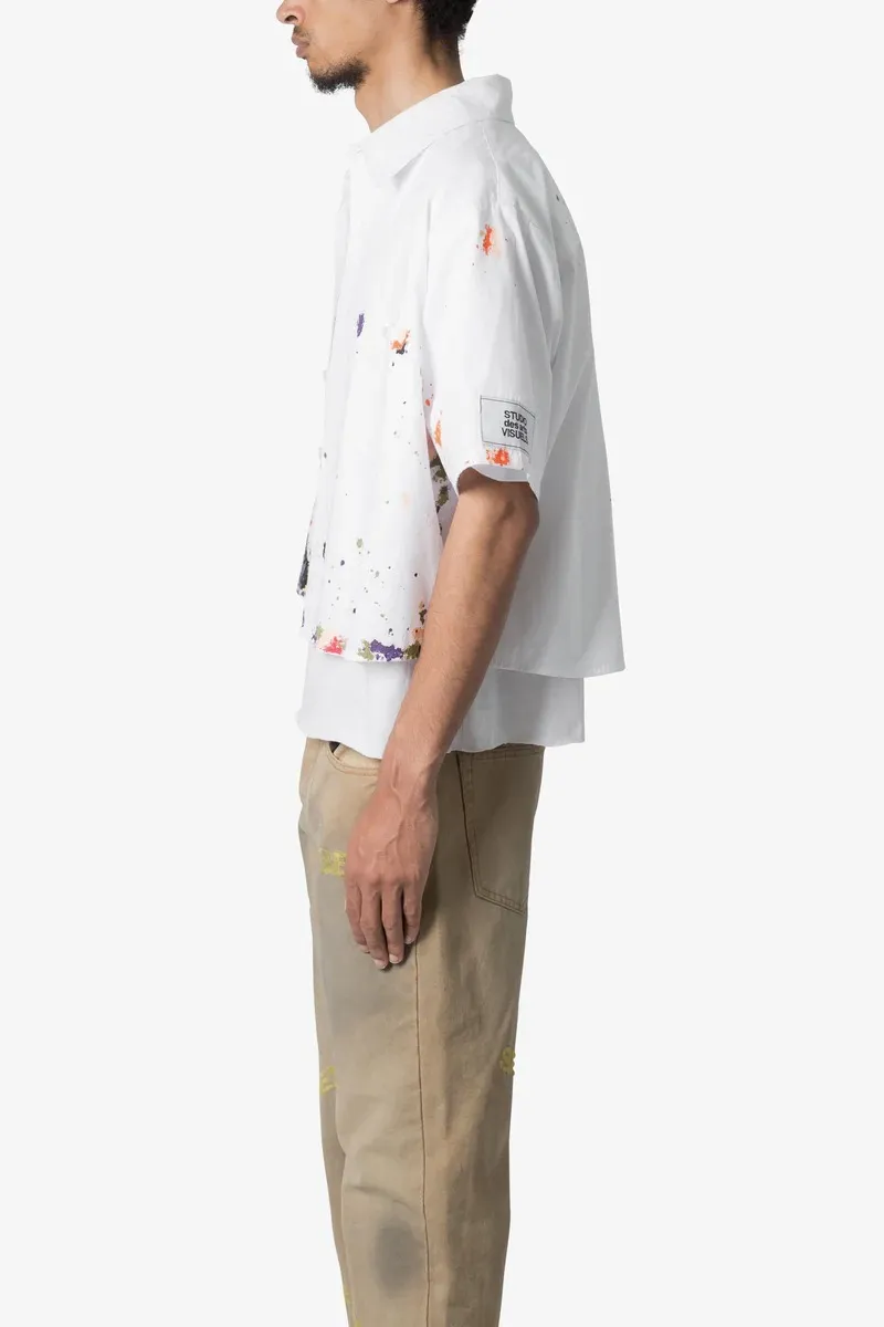 WHITE PAINT SPLATTER POPLIN SHORT SLEEVE SHIRT