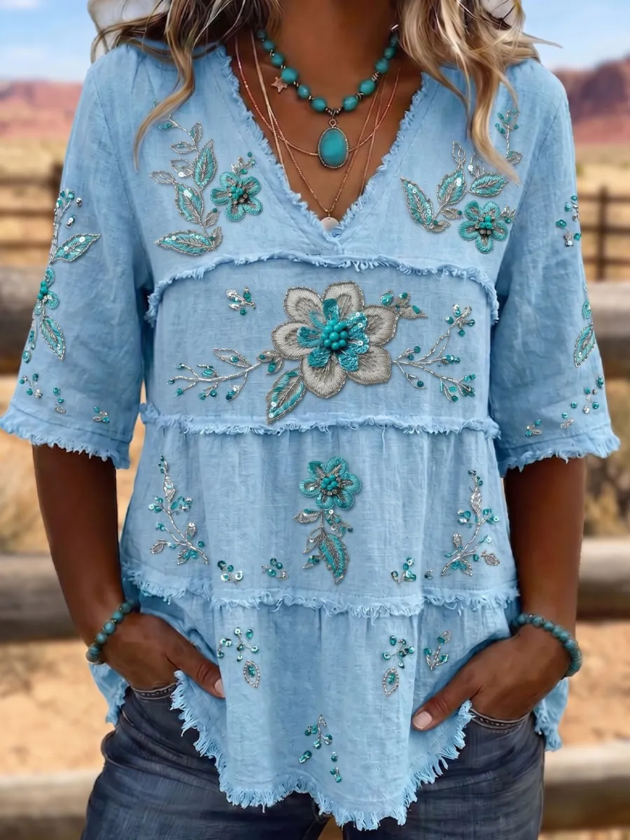 Women'S Retro Art Patchwork Cotton And Linen Shirt