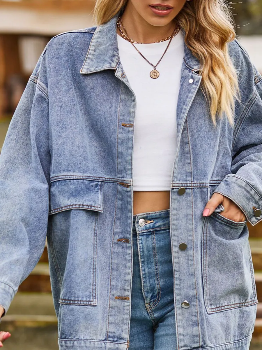 Drop-shoulder Denim Jacket with Pockets