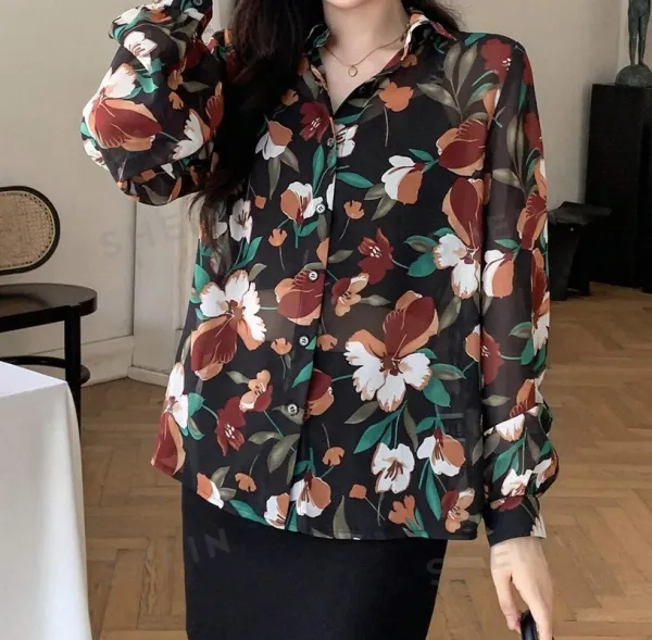 Women's Floral Print All Over Button Blouse With Clean Drape