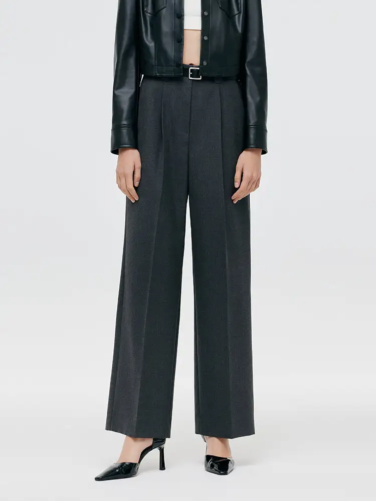 Worsted Wool Women Wide Leg Pants With Leather Belt