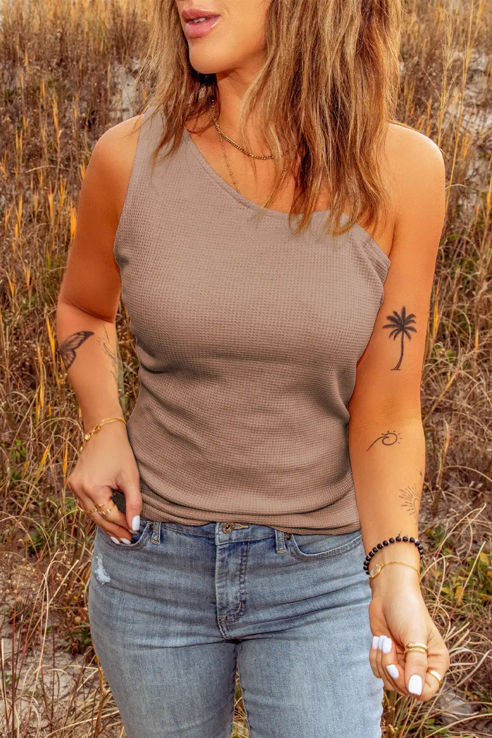 Natural Asymmetrical One Shoulder Ribbed Tank Top