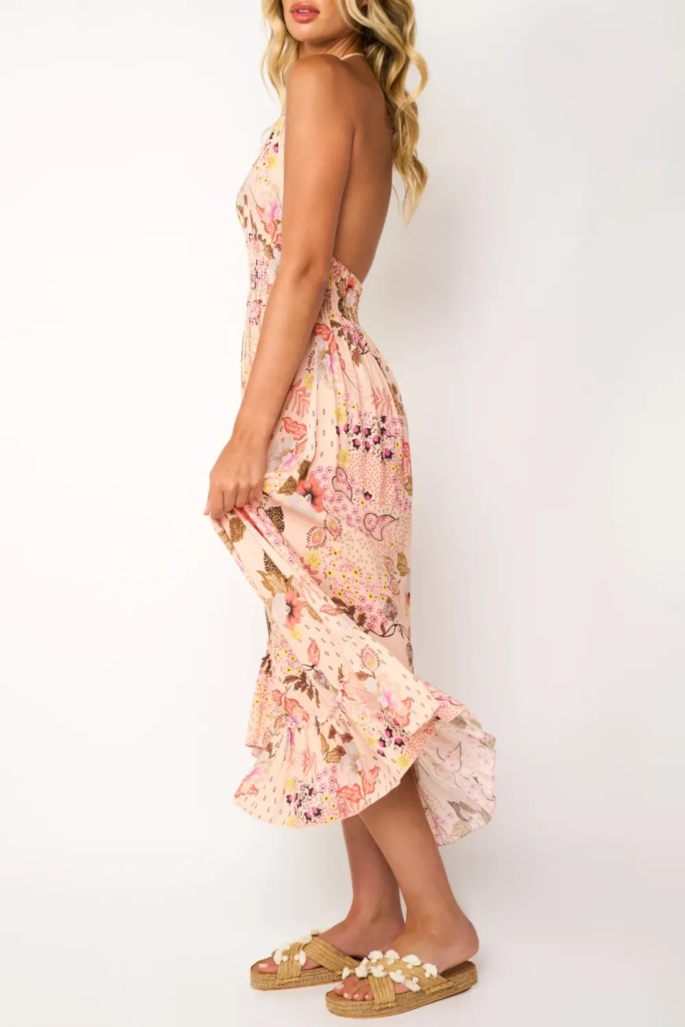Light Pink Floral Print Midi Dress