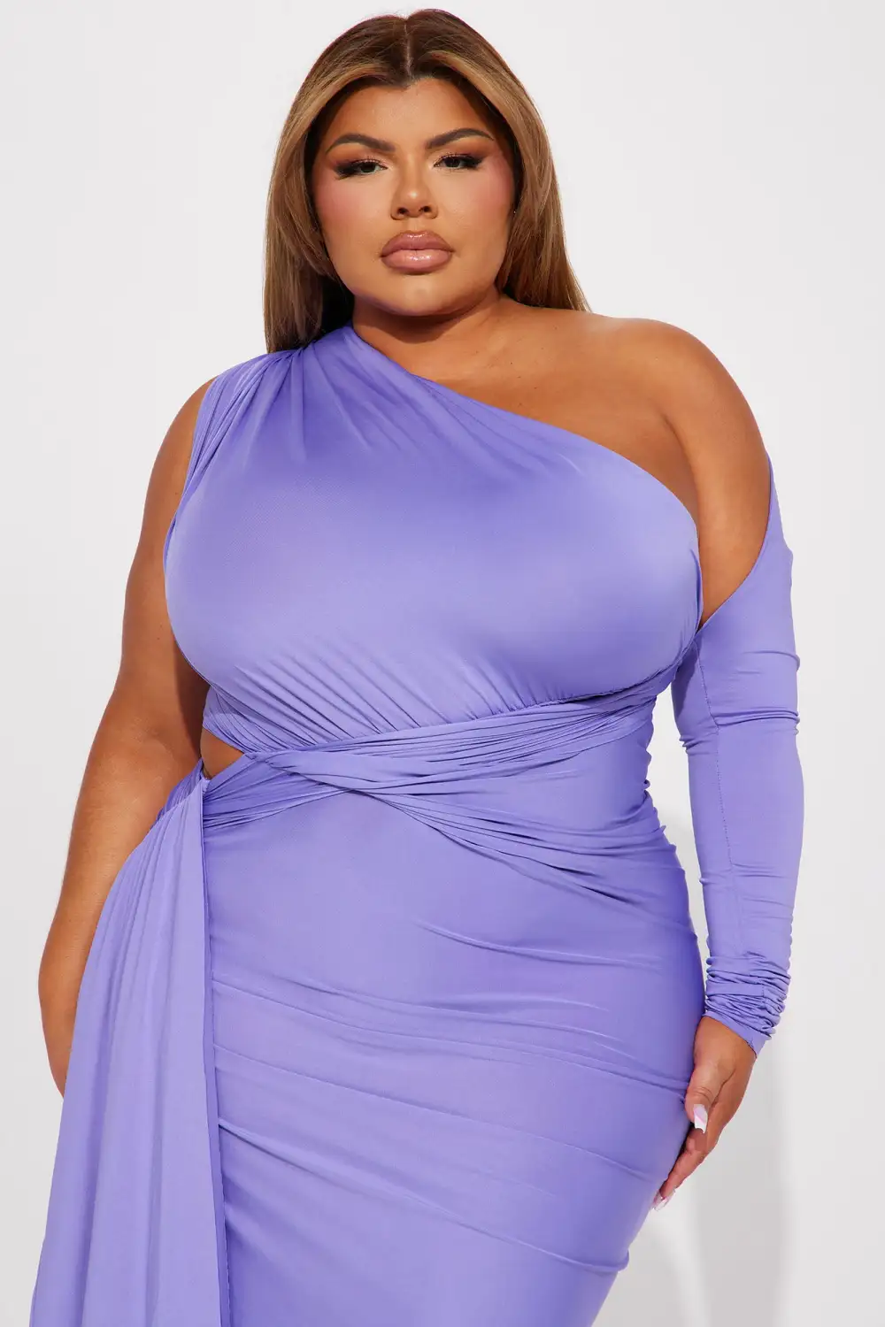 One Shoulder Ruched Midi Dress - Purple