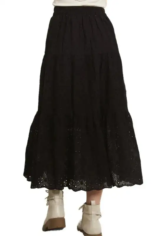 Relaxed Elastic Waistband Tiered Midi Skirt