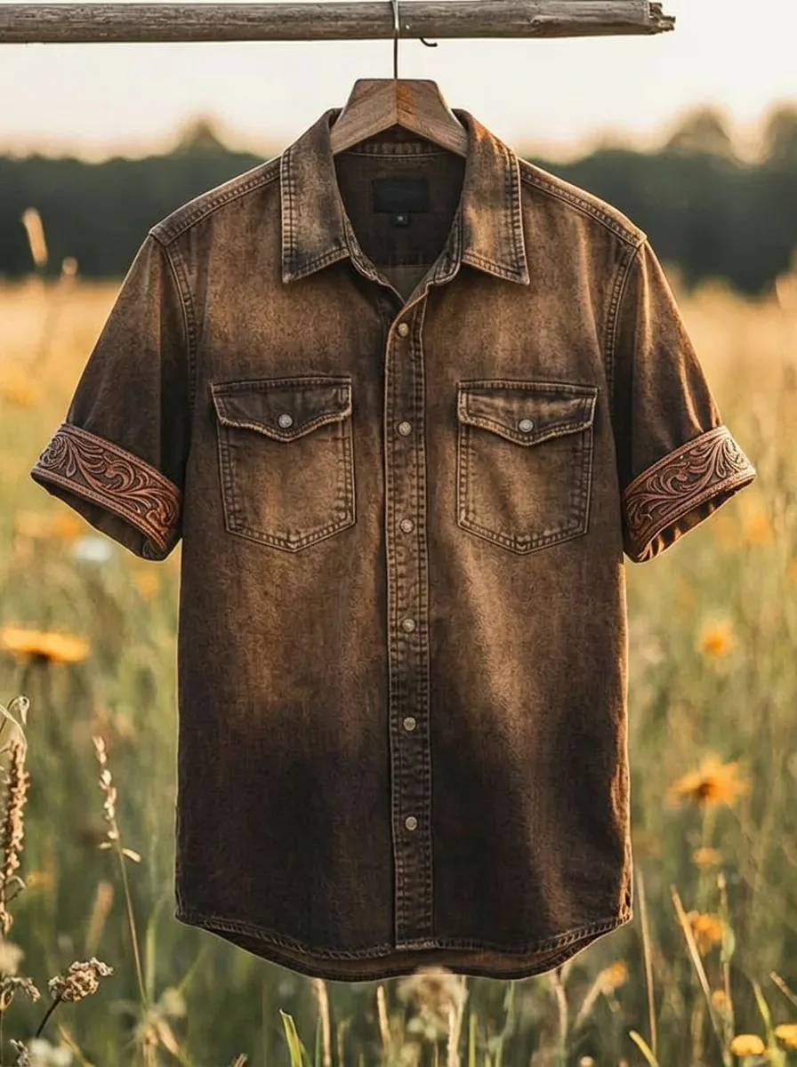 Men's Western Cowboy Tooled Leather Pattern Printed Shirt