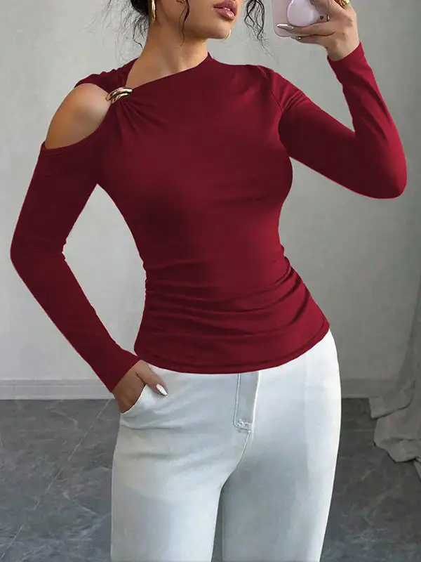 Long Sleeve Slim Fit Asymmetric Neckline T-Shirt