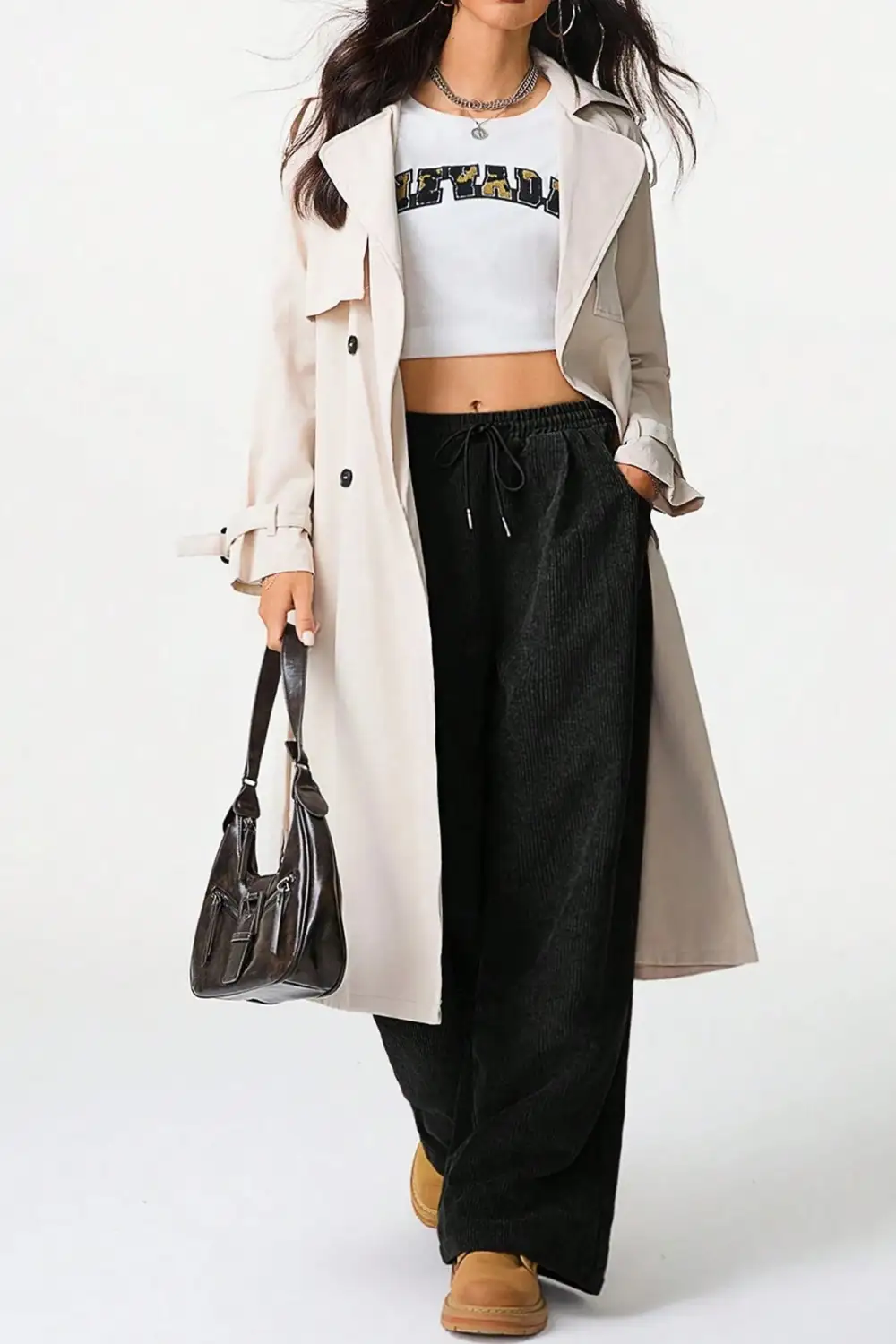 Drawstring Flannel Wide Leg Pants