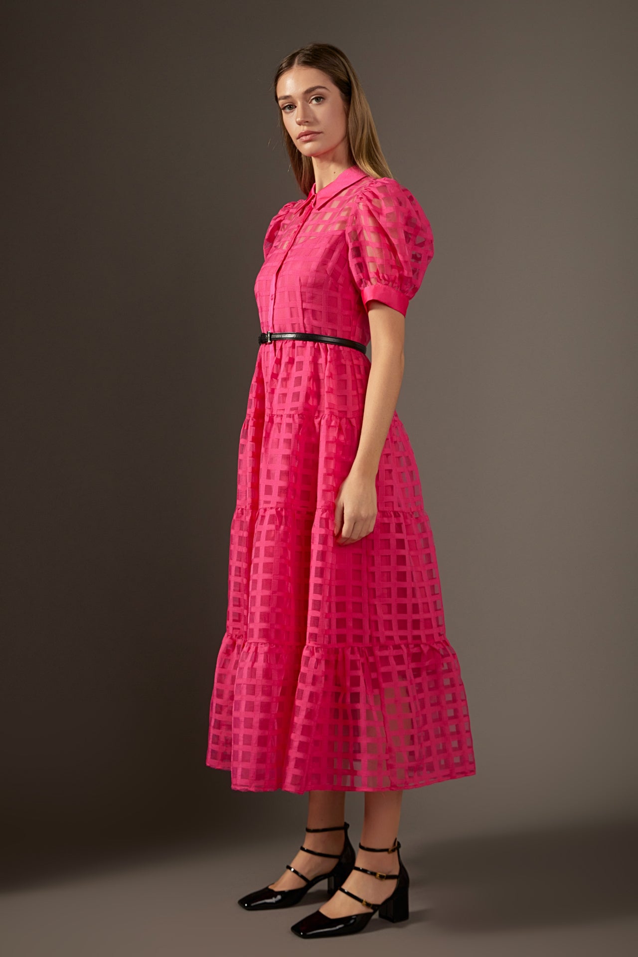 Gridded Organza Tiered Maxi Dress