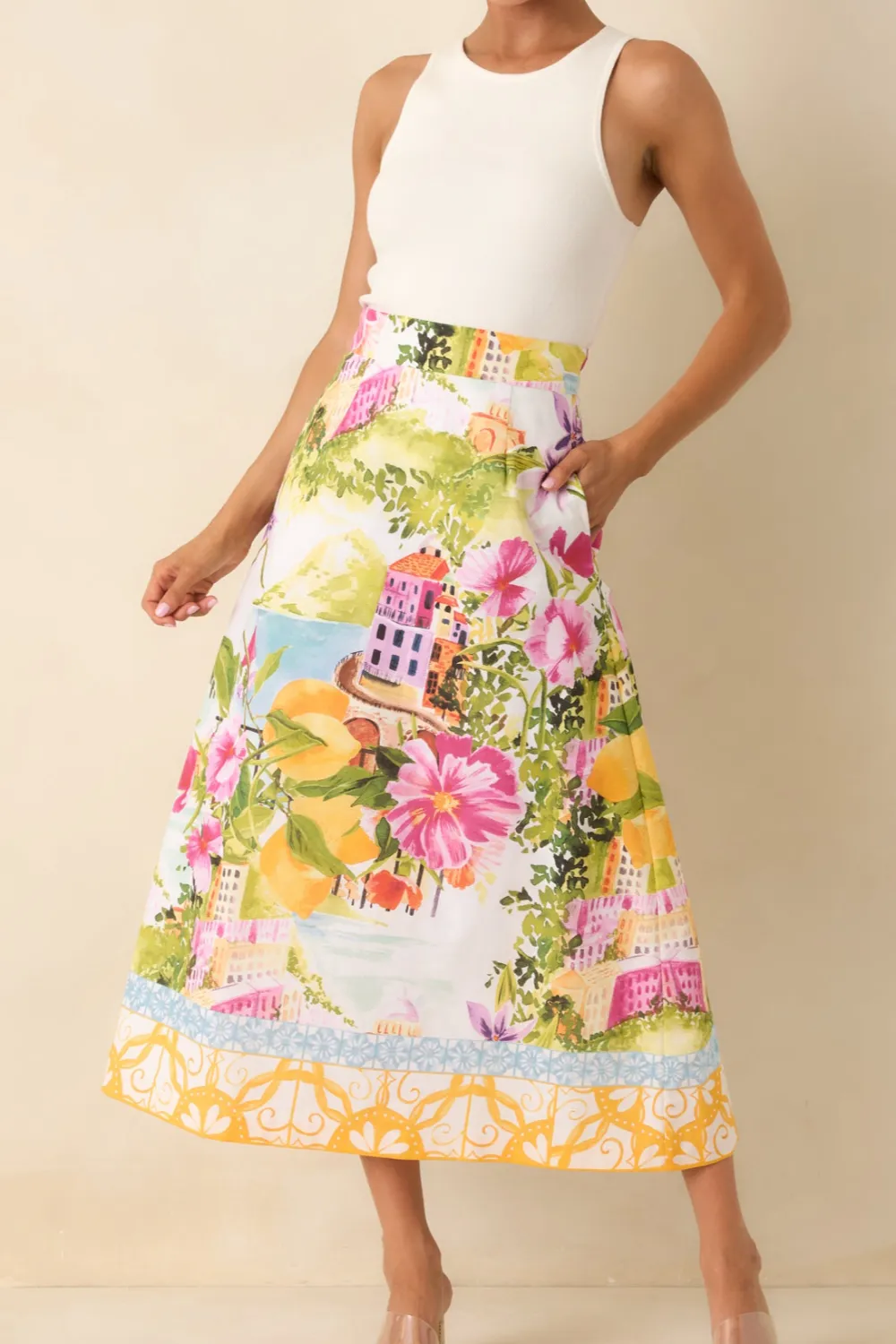 Multi Linen Blend Scenic Coastal Print Midi Skirt