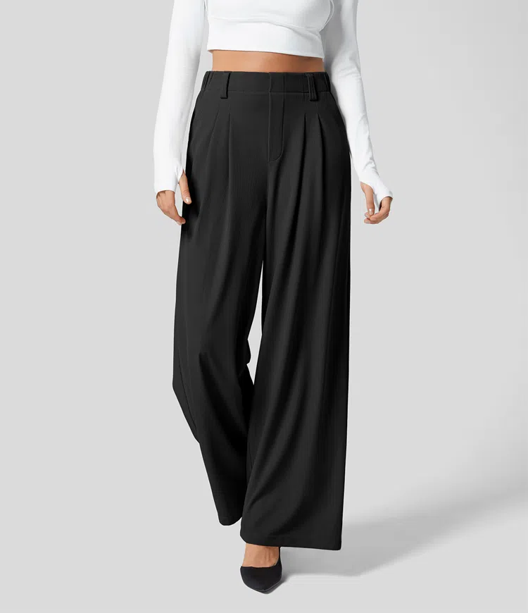 Halara High Waisted Plicated Side Pocket Wide Leg Waffle Casual Pants