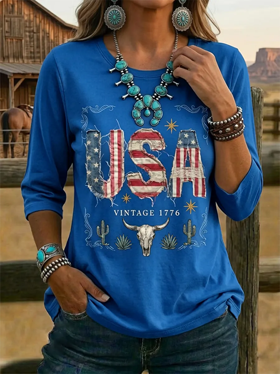 Women's Vintage USA Print Casual Half-sleeve Top