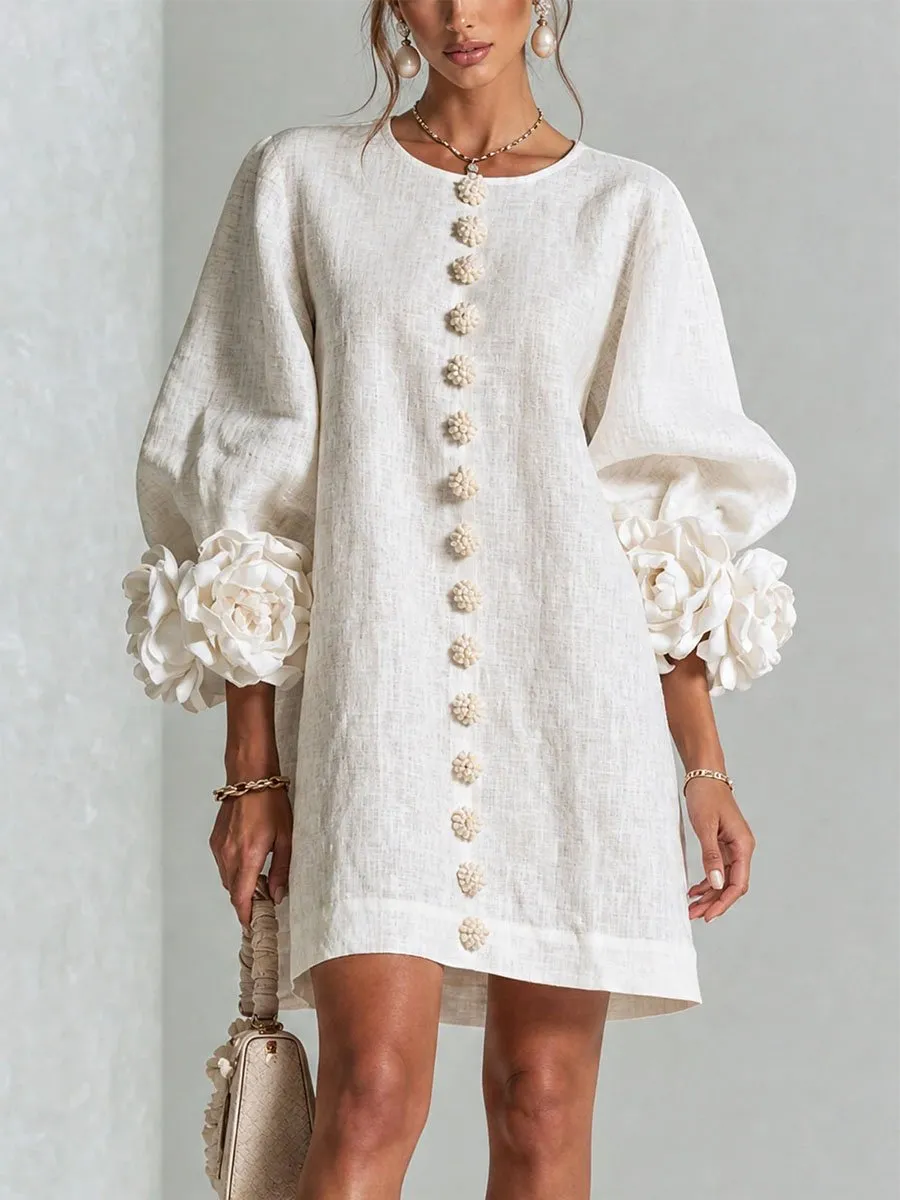 Elegant 3D Floral Button-Front Mini Dress With Striking Floral Cuffs