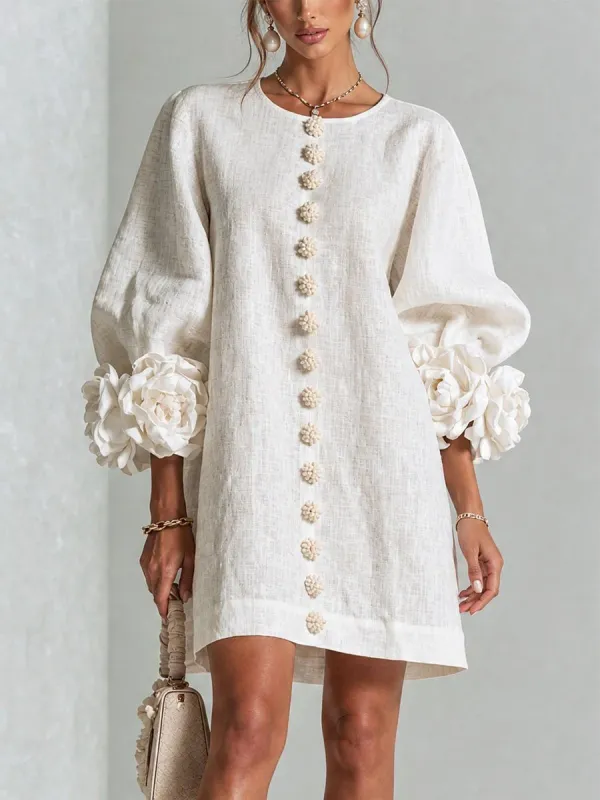 Elegant 3D Floral Button-Front Mini Dress With Striking Floral Cuffs