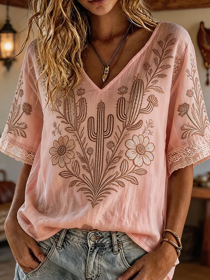 Women's Cactus Floral Embroidered Boho Western V-Neck Blouse