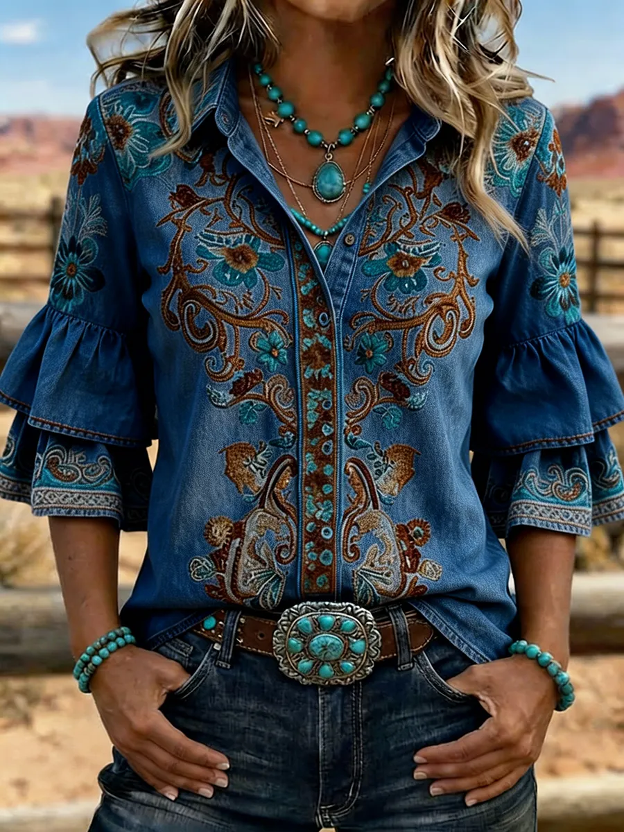 Women's Western Floral Embroidered Denim Bell Sleeve Shirt