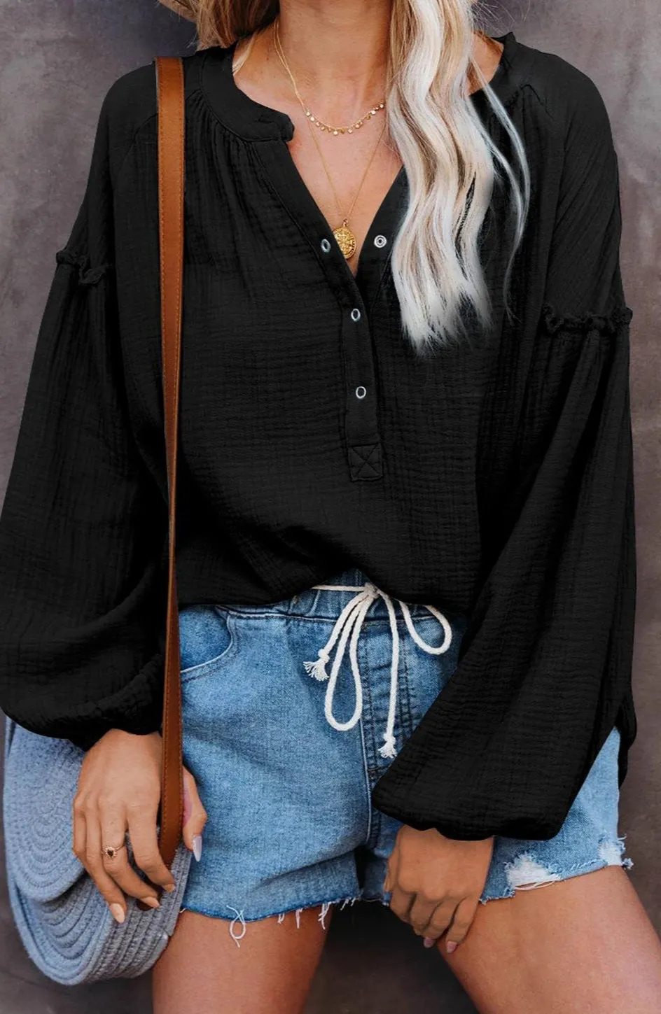 Button-Front V-Neck Knit Top
