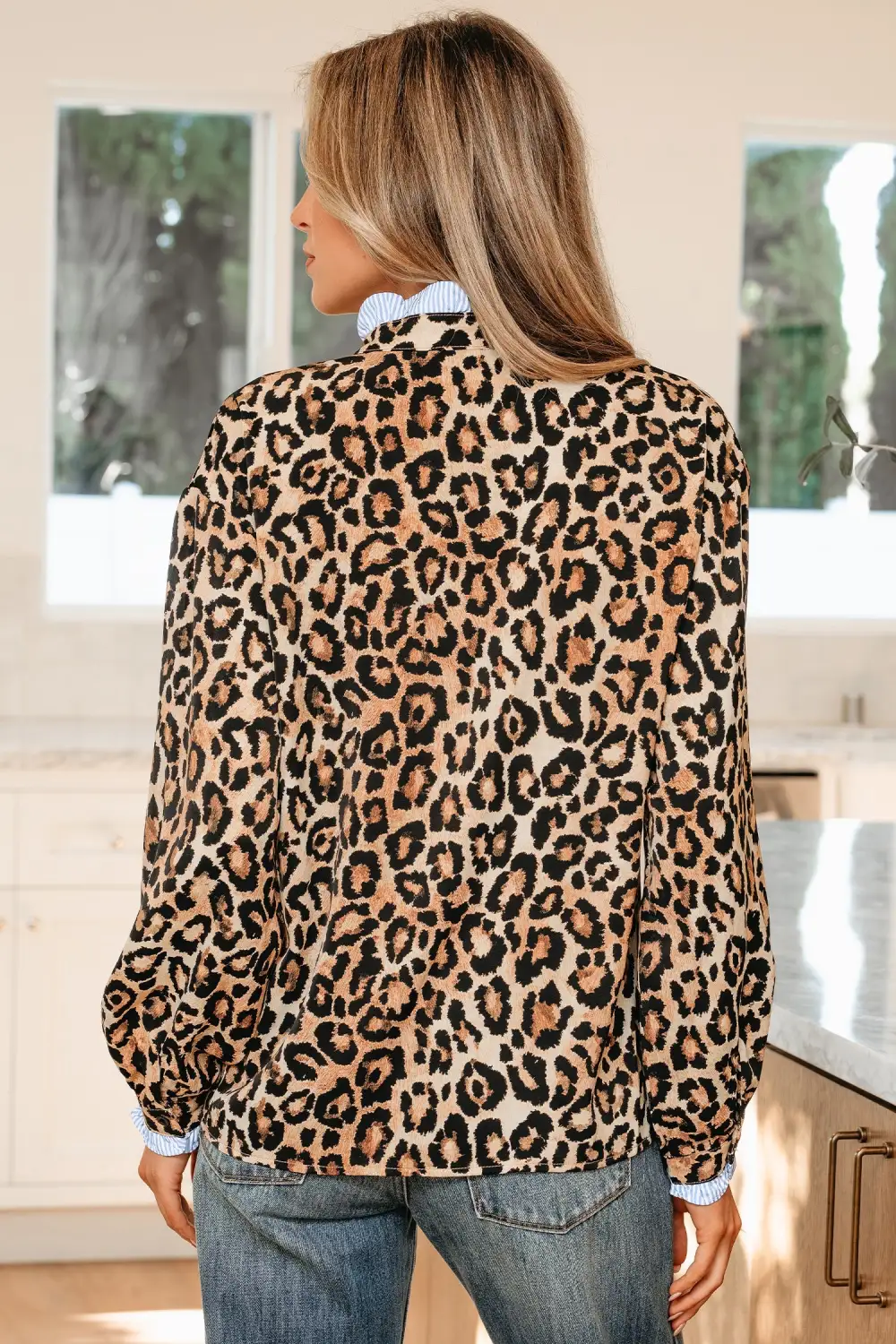 Striped Leopard Print Frilled Shirt Blouse
