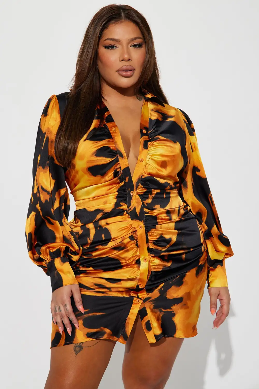 On Fire Ruched Mini Dress - Orange/combo